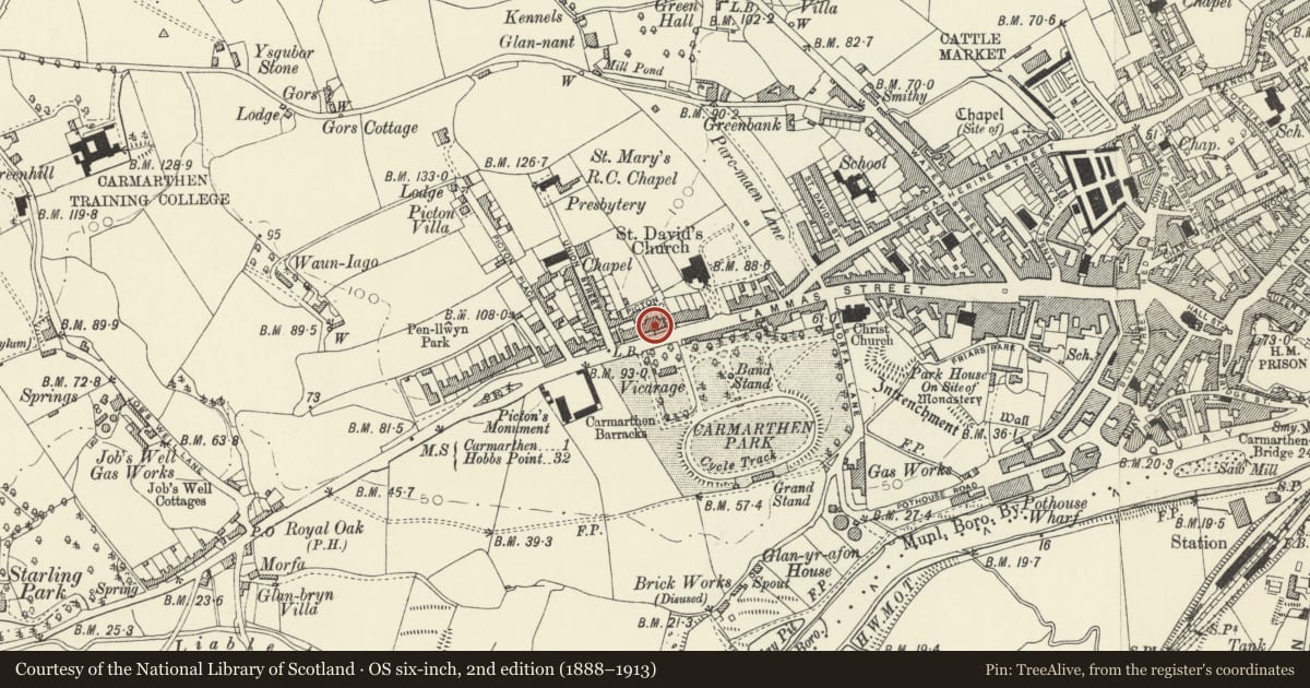 Ordnance Survey six-inch map, 2nd edition (1888–1913) covering the location of Corris, including front railings and gates, Carmarthen, Carmarthenshire, with a pin at the register's coordinates