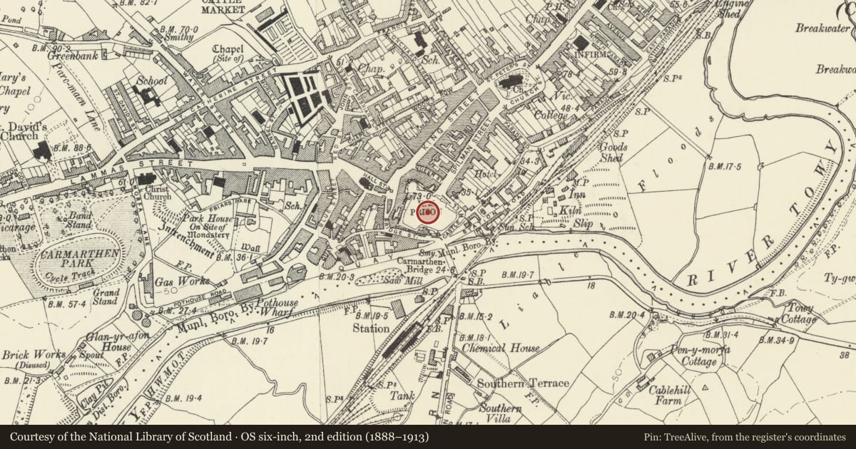 Ordnance Survey six-inch map, 2nd edition (1888–1913) covering the location of County Hall, Carmarthen, Carmarthenshire, with a pin at the register's coordinates