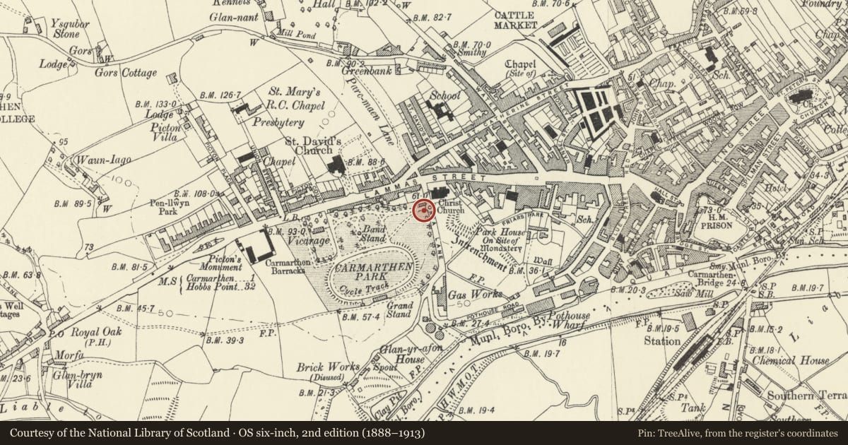 Ordnance Survey six-inch map, 2nd edition (1888–1913) covering the location of Eastern pair of lamp standards in Carmarthen Park, Carmarthenshire, with a pin at the register's coordinates