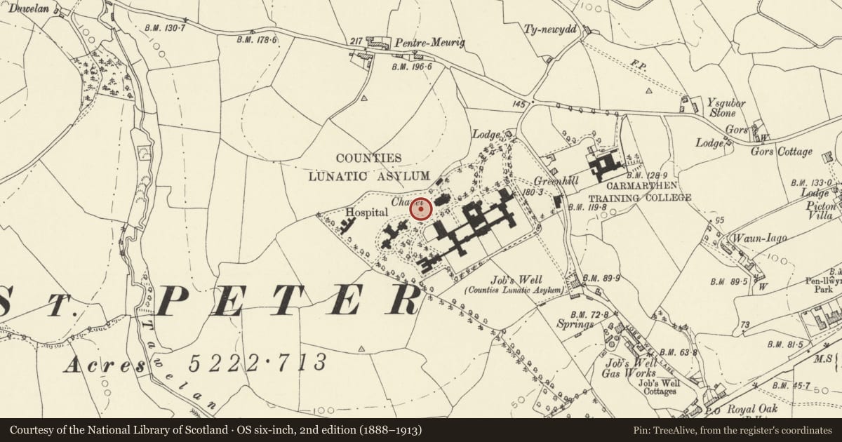 Ordnance Survey six-inch map, 2nd edition (1888–1913) covering the location of Former Laundry at Saint David's Hospital, Carmarthen, Carmarthenshire, with a pin at the register's coordinates