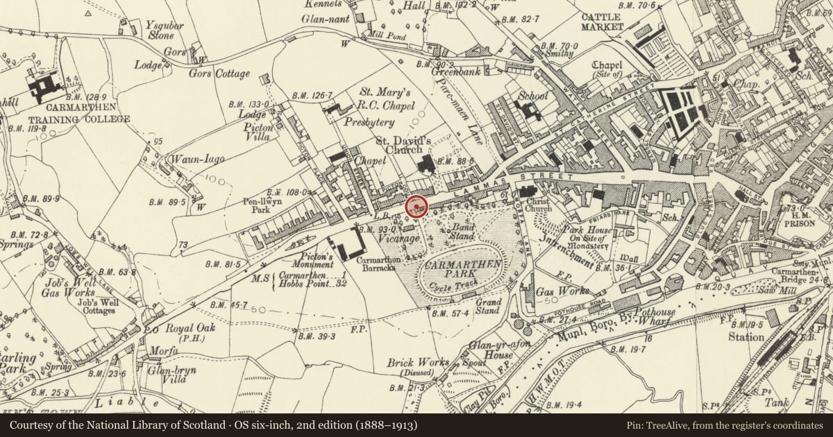 Ordnance Survey six-inch map, 2nd edition (1888–1913) covering the location of Gate to Carmarthen Park from Picton Terrace, Carmarthenshire, with a pin at the register's coordinates