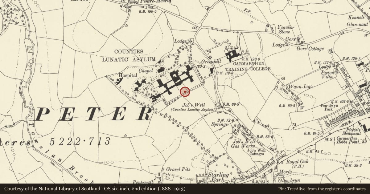Ordnance Survey six-inch map, 2nd edition (1888–1913) covering the location of Gatepiers, gates and railings to S of St David's Hospital, Carmarthen, Carmarthenshire, with a pin at the register's coordinates