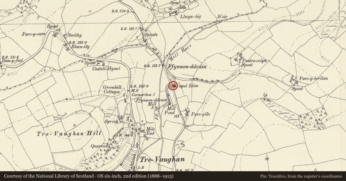 Ordnance Survey six-inch map, 2nd edition (1888–1913) covering the location of Gates and railings to Capel Elim, Carmarthen, Carmarthenshire, with a pin at the register's coordinates