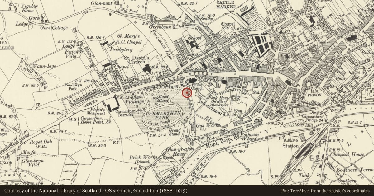 Ordnance Survey six-inch map, 2nd edition (1888–1913) covering the location of Granite drinking fountain in Carmarthen Park, Carmarthenshire, with a pin at the register's coordinates