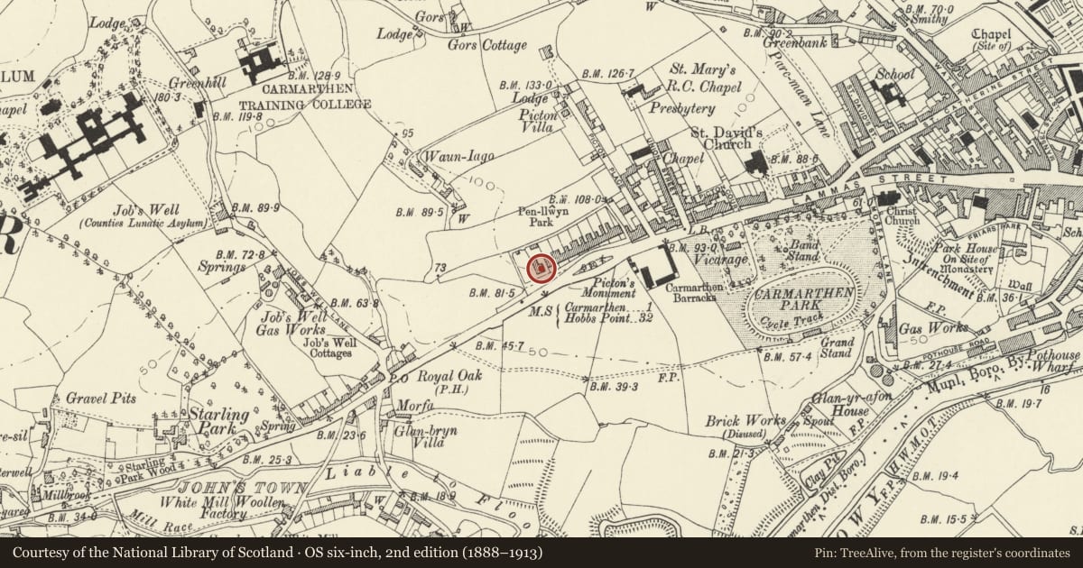 Ordnance Survey six-inch map, 2nd edition (1888–1913) covering the location of Gwynfryn, Carmarthen, Carmarthenshire, with a pin at the register's coordinates