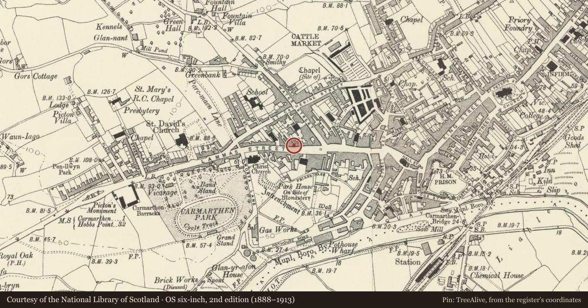 Ordnance Survey six-inch map, 2nd edition (1888–1913) covering the location of Hamilton House, Carmarthen, Carmarthenshire, with a pin at the register's coordinates
