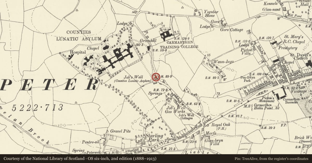 Ordnance Survey six-inch map, 2nd edition (1888–1913) covering the location of Job's Well House, Carmarthen, Carmarthenshire, with a pin at the register's coordinates