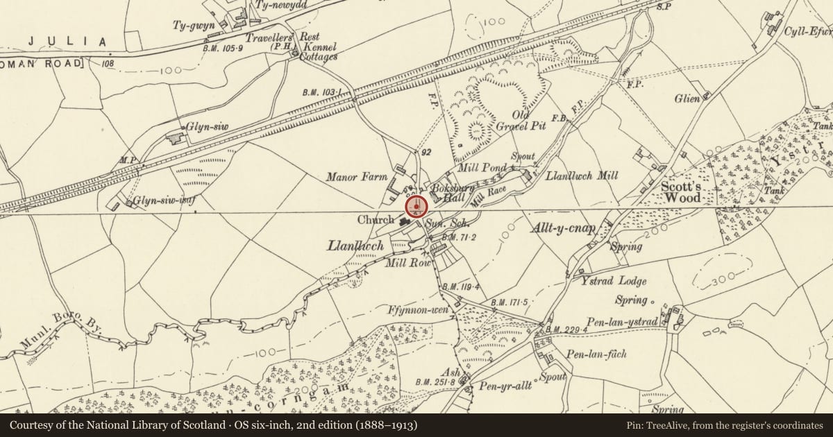 Ordnance Survey six-inch map, 2nd edition (1888–1913) covering the location of Lychgate to Church of St Mary, Carmarthen, Carmarthenshire, with a pin at the register's coordinates