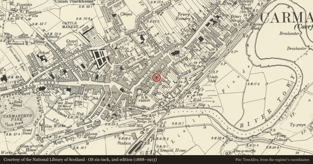 Ordnance Survey six-inch map, 2nd edition (1888–1913) covering the location of Masonic Hall, Carmarthen, Carmarthenshire, with a pin at the register's coordinates