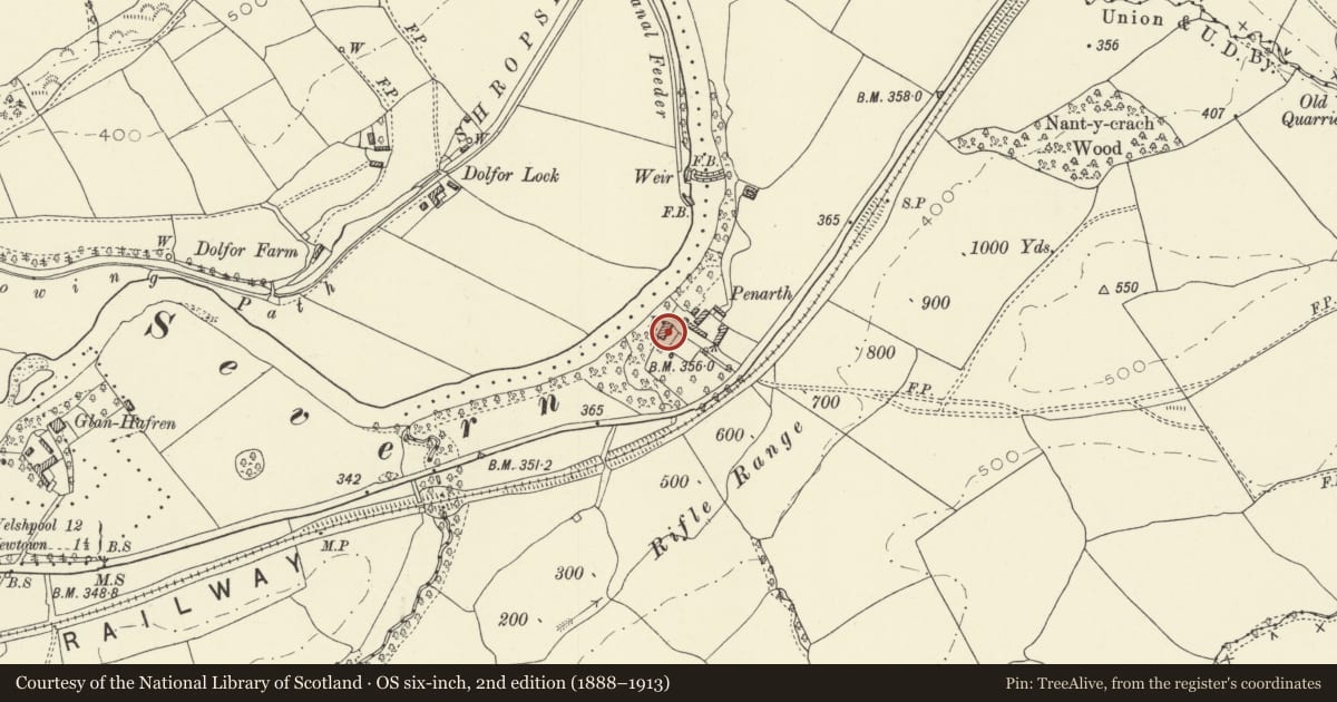 Ordnance Survey six-inch map, 2nd edition (1888–1913) covering the location of Penarth House, Newtown and Llanllwchaiarn, Powys, with a pin at the register's coordinates