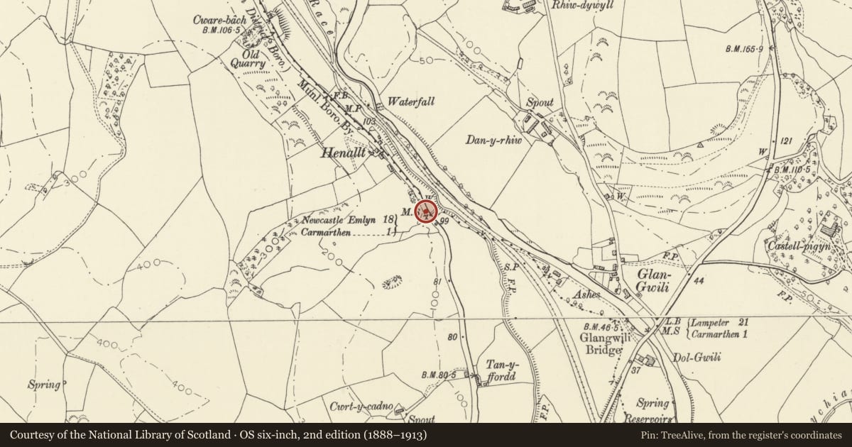 Ordnance Survey six-inch map, 2nd edition (1888–1913) covering the location of Milestone, Carmarthen, Carmarthenshire, with a pin at the register's coordinates