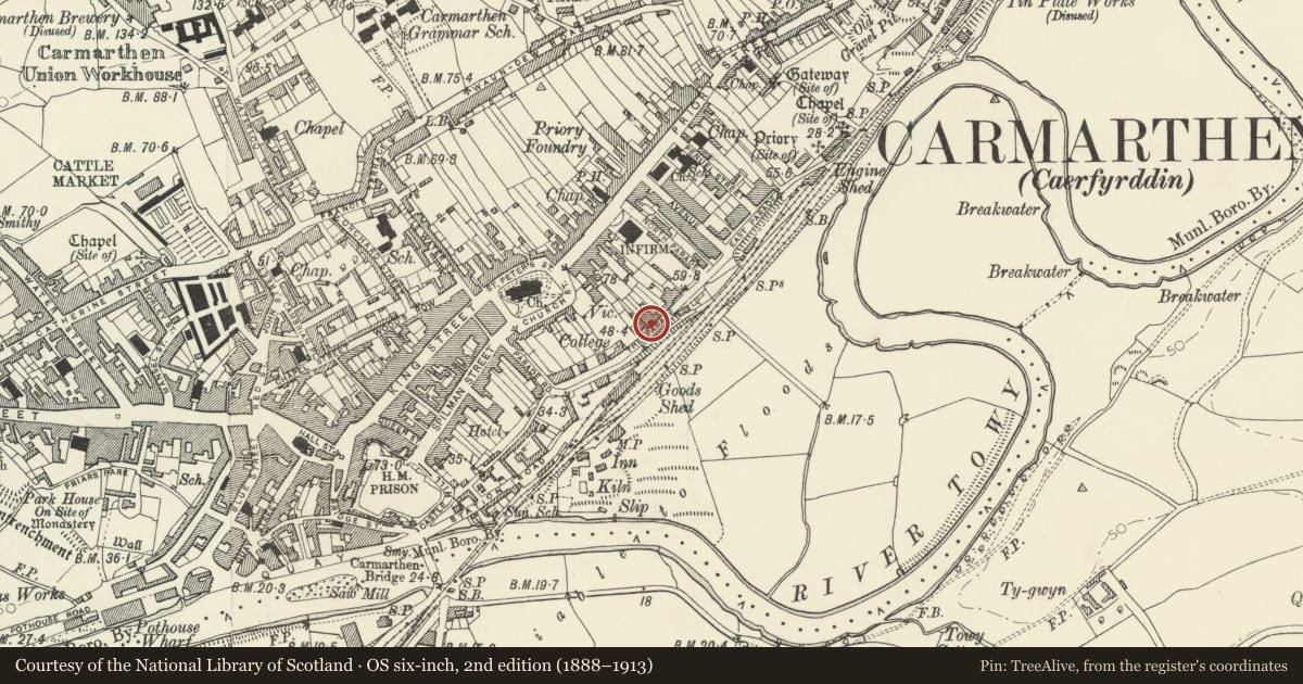 Ordnance Survey six-inch map, 2nd edition (1888–1913) covering the location of Min-yr-Afon, including railings and gate, Carmarthen, Carmarthenshire, with a pin at the register's coordinates