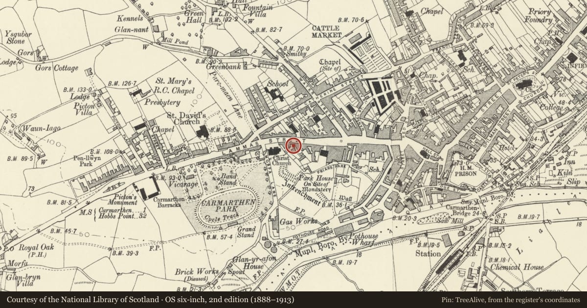 Ordnance Survey six-inch map, 2nd edition (1888–1913) covering the location of 1 Prospect Place, Carmarthen, Carmarthenshire, with a pin at the register's coordinates