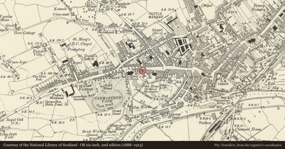 Ordnance Survey six-inch map, 2nd edition (1888–1913) covering the location of No 1 Thomas Court, Carmarthen, Carmarthenshire, with a pin at the register's coordinates
