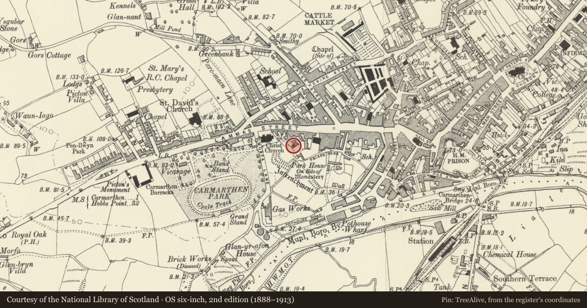 Ordnance Survey six-inch map, 2nd edition (1888–1913) covering the location of No 2 Friar's Row, Carmarthen, Carmarthenshire, with a pin at the register's coordinates