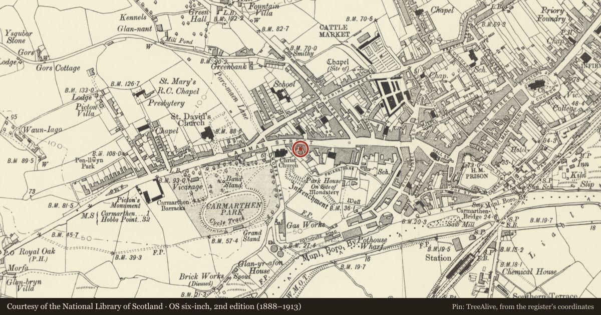 Ordnance Survey six-inch map, 2nd edition (1888–1913) covering the location of 2 Prospect Place, Carmarthen, Carmarthenshire, with a pin at the register's coordinates