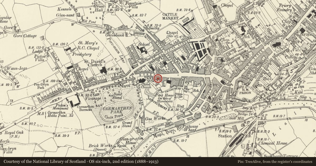 Ordnance Survey six-inch map, 2nd edition (1888–1913) covering the location of No 2 Speedwell Court, Carmarthen, Carmarthenshire, with a pin at the register's coordinates