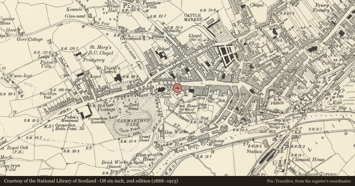 Ordnance Survey six-inch map, 2nd edition (1888–1913) covering the location of No 2 Thomas Court, Carmarthen, Carmarthenshire, with a pin at the register's coordinates