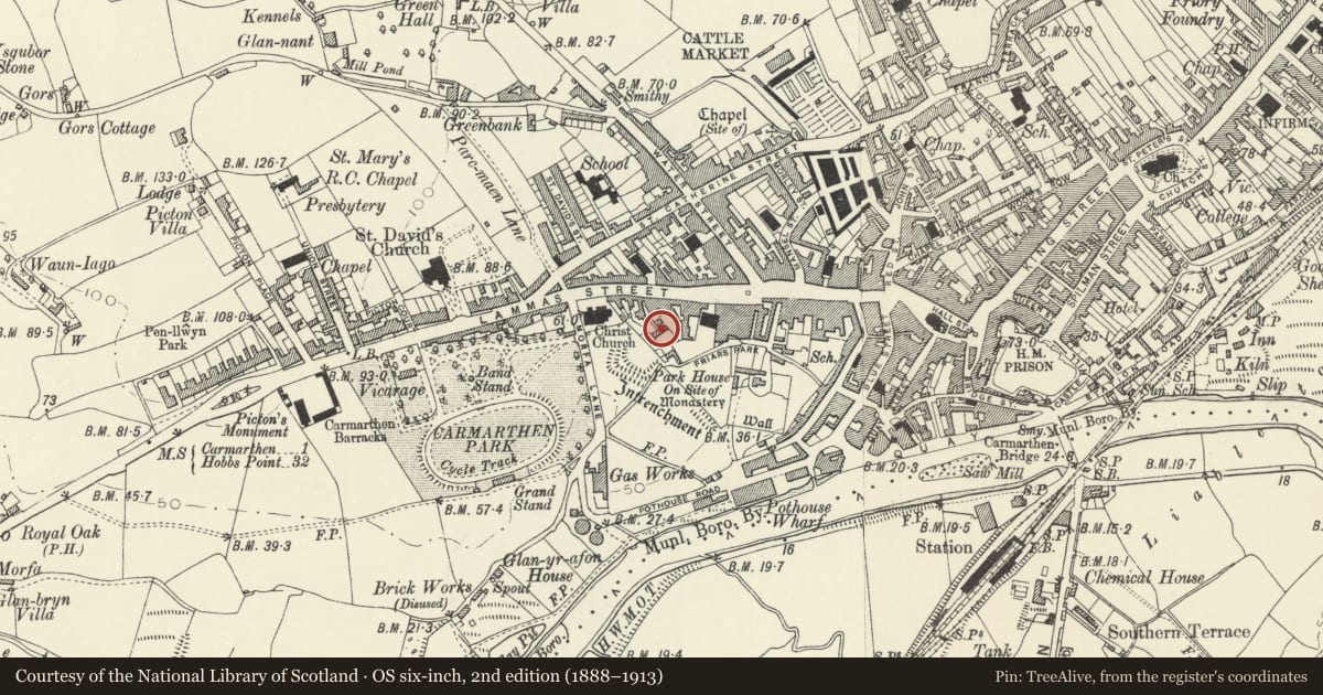 Ordnance Survey six-inch map, 2nd edition (1888–1913) covering the location of No 3 Friar's Row, Carmarthen, Carmarthenshire, with a pin at the register's coordinates