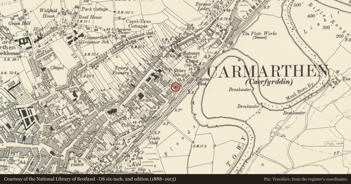 Ordnance Survey six-inch map, 2nd edition (1888–1913) covering the location of No 3 including front wall, railings and gate, Carmarthen, Carmarthenshire, with a pin at the register's coordinates