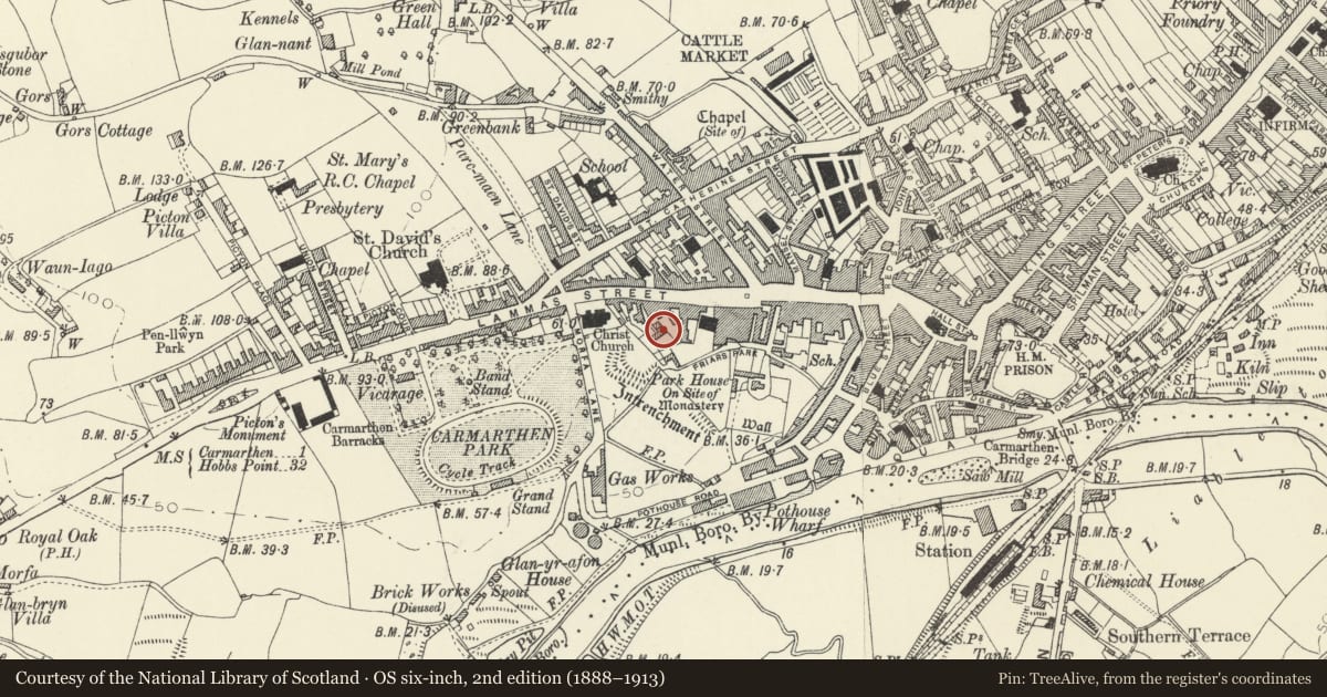Ordnance Survey six-inch map, 2nd edition (1888–1913) covering the location of No 4 Friar's Row, Carmarthen, Carmarthenshire, with a pin at the register's coordinates