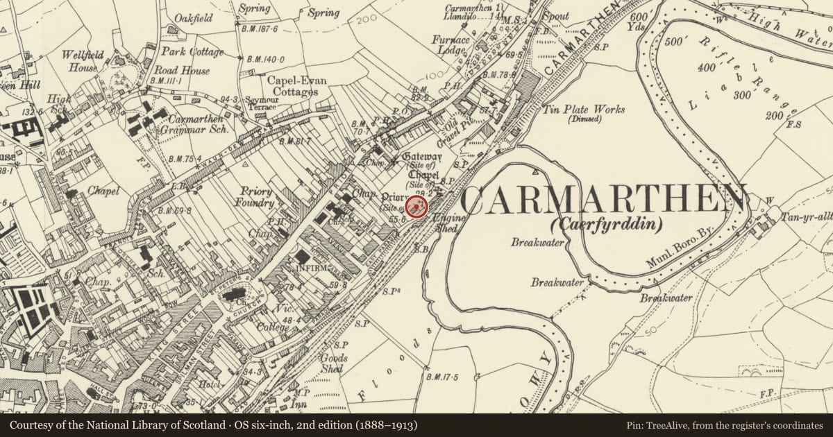 Ordnance Survey six-inch map, 2nd edition (1888–1913) covering the location of The Old Grammar School, Carmarthen, Carmarthenshire, with a pin at the register's coordinates