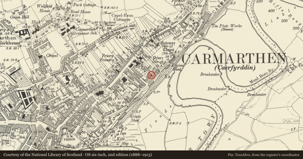 Ordnance Survey six-inch map, 2nd edition (1888–1913) covering the location of No 6, including front garden wall, gate and railings, Carmarthen, Carmarthenshire, with a pin at the register's coordinates