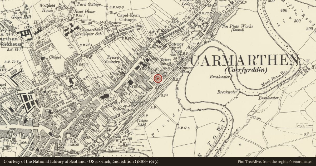 Ordnance Survey six-inch map, 2nd edition (1888–1913) covering the location of No 7 including front garden wall, gate and railings, Carmarthen, Carmarthenshire, with a pin at the register's coordinates