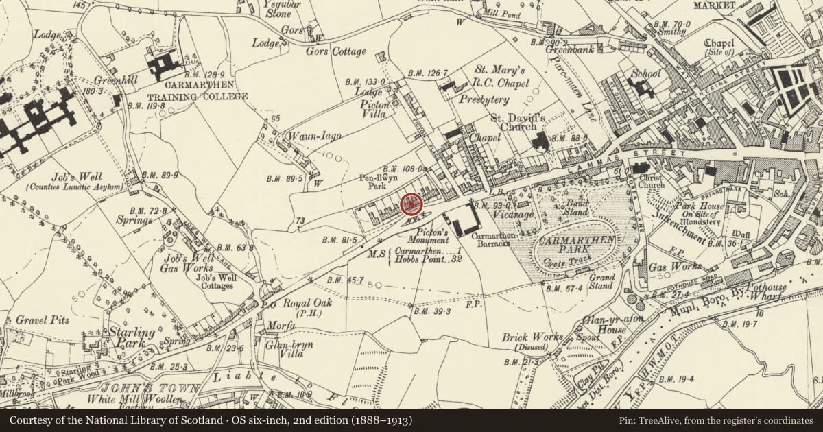 Ordnance Survey six-inch map, 2nd edition (1888–1913) covering the location of No 8 and front railings, Carmarthen, Carmarthenshire, with a pin at the register's coordinates