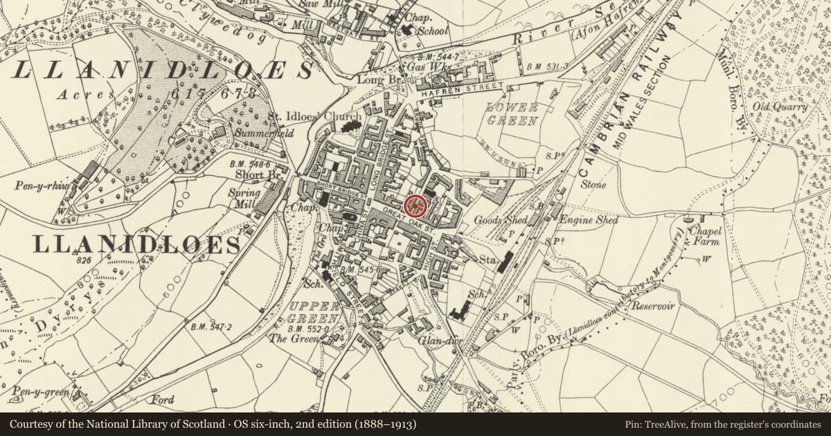Ordnance Survey six-inch map, 2nd edition (1888–1913) covering the location of 23 Bethel Street, Llanidloes, Powys, with a pin at the register's coordinates