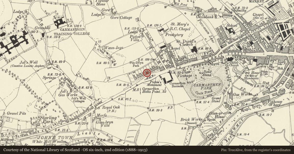 Ordnance Survey six-inch map, 2nd edition (1888–1913) covering the location of No 9 and front railings, Carmarthen, Carmarthenshire, with a pin at the register's coordinates