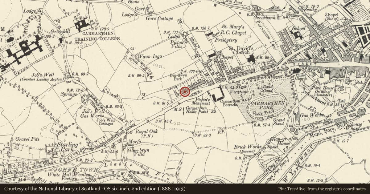 Ordnance Survey six-inch map, 2nd edition (1888–1913) covering the location of Penrhyn and railings, Carmarthen, Carmarthenshire, with a pin at the register's coordinates