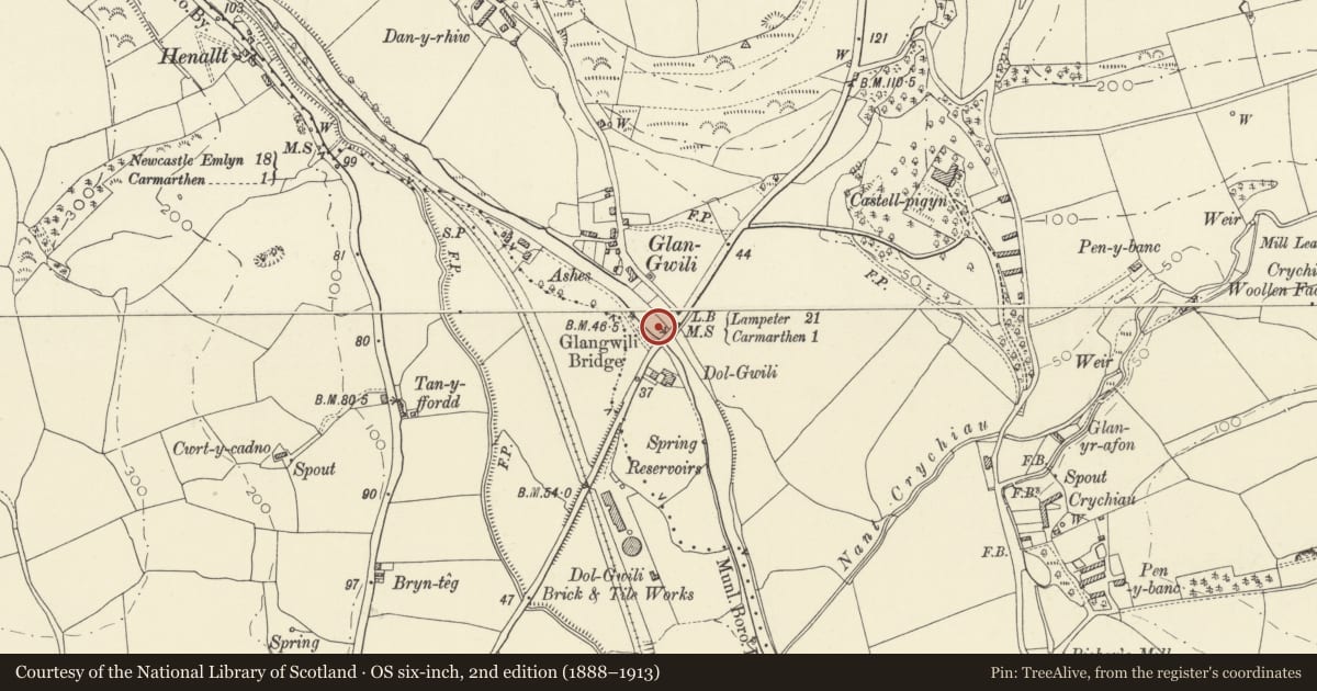 Ordnance Survey six-inch map, 2nd edition (1888–1913) covering the location of Pont Glangwili, Carmarthen, Carmarthenshire, with a pin at the register's coordinates