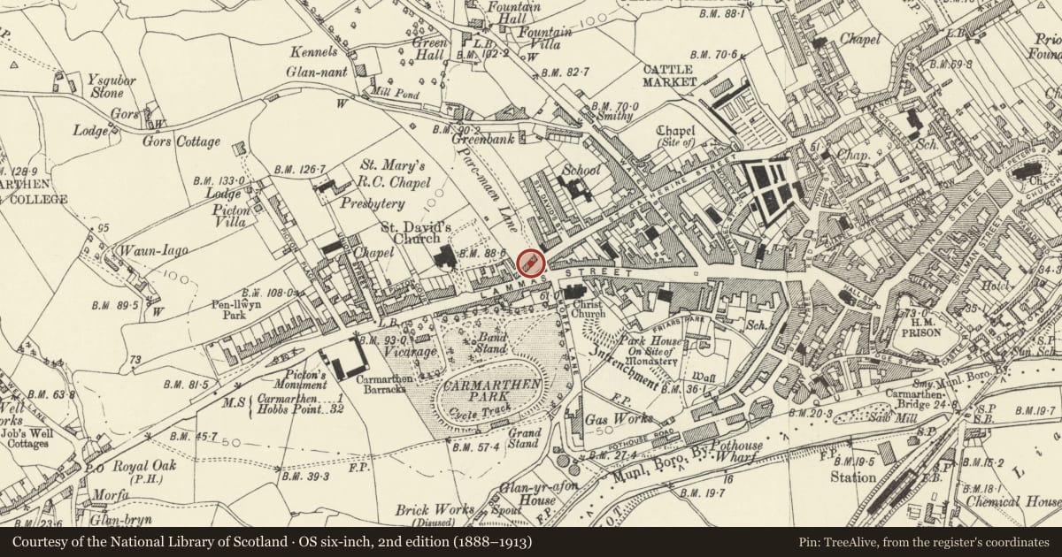 Ordnance Survey six-inch map, 2nd edition (1888–1913) covering the location of Preseli, Carmarthen, Carmarthenshire, with a pin at the register's coordinates