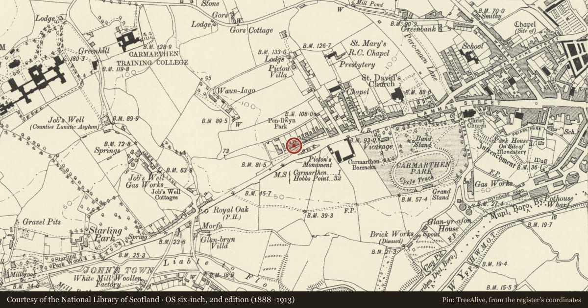 Ordnance Survey six-inch map, 2nd edition (1888–1913) covering the location of Radnor House and front railings, Carmarthen, Carmarthenshire, with a pin at the register's coordinates