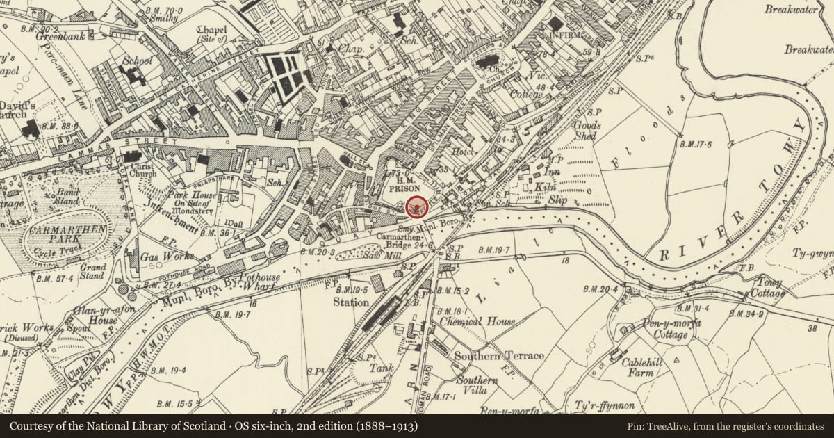 Ordnance Survey six-inch map, 2nd edition (1888–1913) covering the location of Retaining wall to the SE of County Hall, Carmarthen, Carmarthenshire, with a pin at the register's coordinates