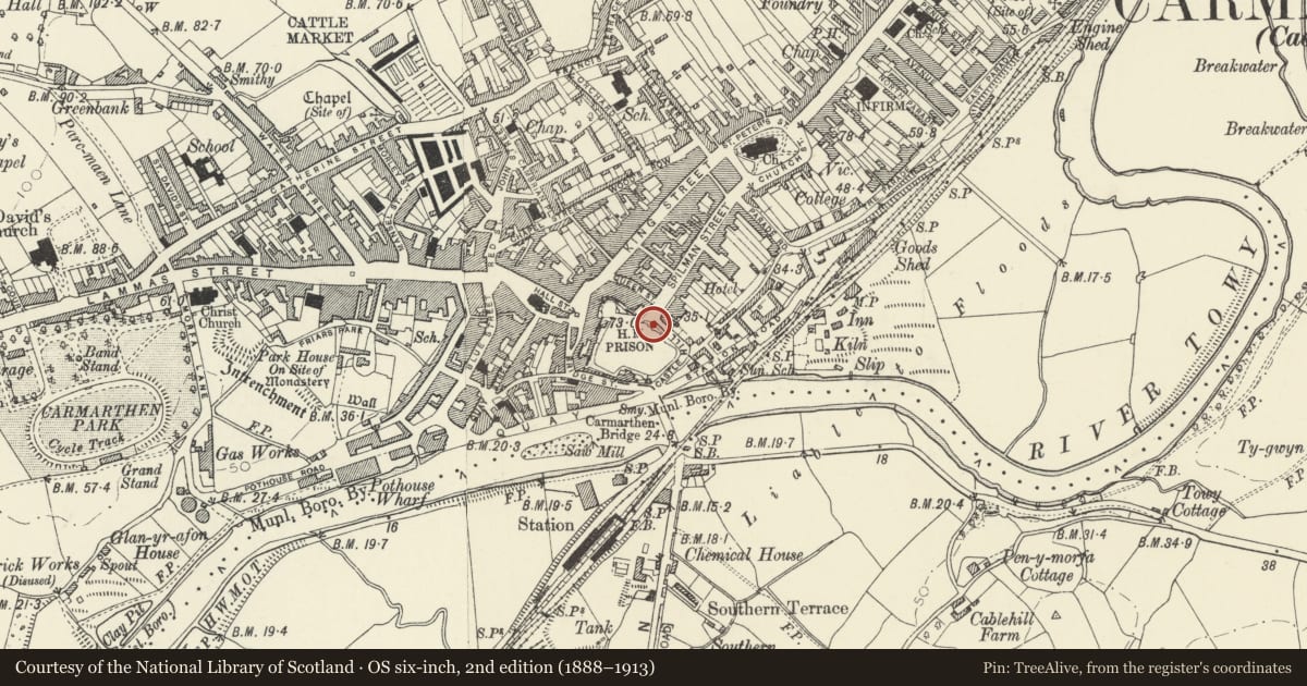 Ordnance Survey six-inch map, 2nd edition (1888–1913) covering the location of Section of former gaol wall, Carmarthen, Carmarthenshire, with a pin at the register's coordinates