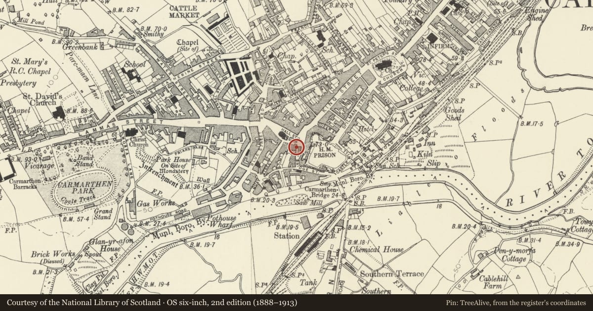 Ordnance Survey six-inch map, 2nd edition (1888–1913) covering the location of The Cafe on the Square, Carmarthen, Carmarthenshire, with a pin at the register's coordinates
