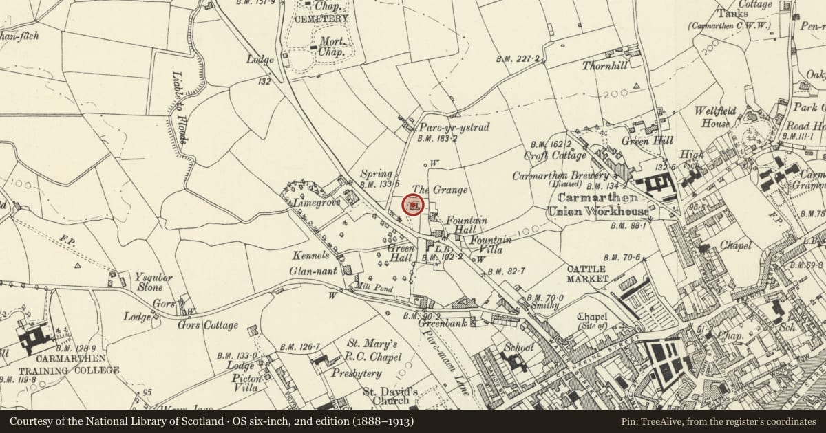Ordnance Survey six-inch map, 2nd edition (1888–1913) covering the location of The Grange, Carmarthen, Carmarthenshire, with a pin at the register's coordinates