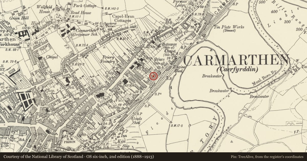Ordnance Survey six-inch map, 2nd edition (1888–1913) covering the location of The Limes, including front garden wall, railings and gate, Carmarthen, Carmarthenshire, with a pin at the register's coordinates