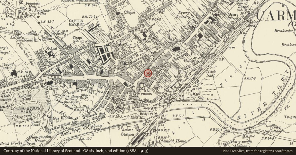 Ordnance Survey six-inch map, 2nd edition (1888–1913) covering the location of The Lyric Theatre and front range to King Street, Carmarthen, Carmarthenshire, with a pin at the register's coordinates