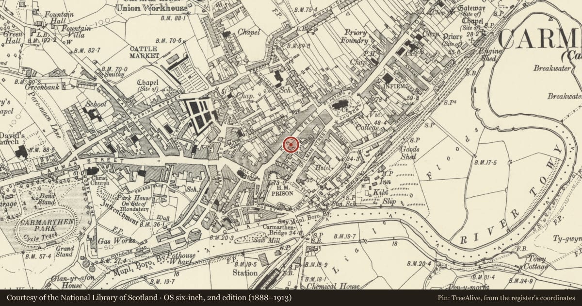 Ordnance Survey six-inch map, 2nd edition (1888–1913) covering the location of The Post Office (left hand building), Carmarthen, Carmarthenshire, with a pin at the register's coordinates