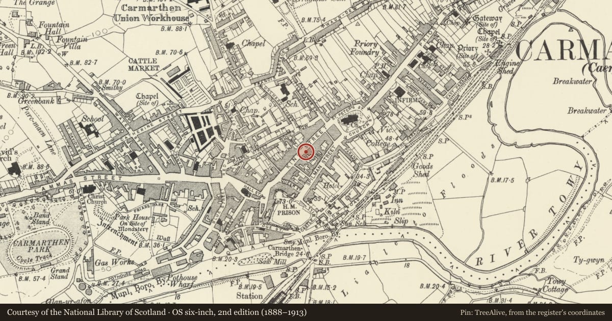 Ordnance Survey six-inch map, 2nd edition (1888–1913) covering the location of The Probate Office, Carmarthen, Carmarthenshire, with a pin at the register's coordinates