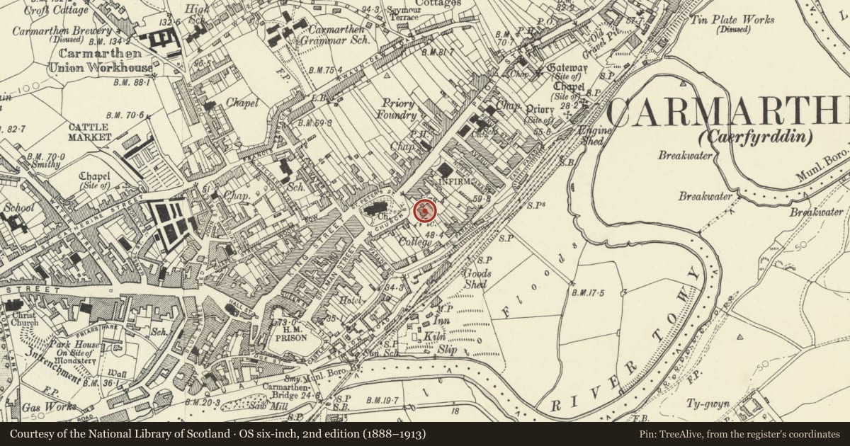 Ordnance Survey six-inch map, 2nd edition (1888–1913) covering the location of The Vicarage, Carmarthen, Carmarthenshire, with a pin at the register's coordinates