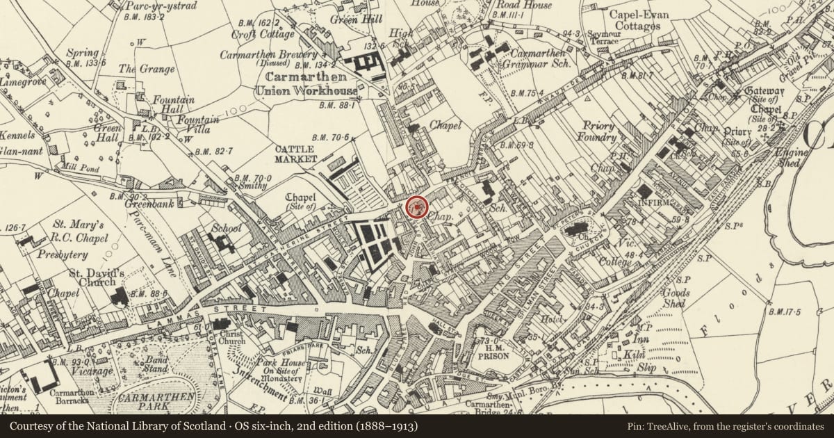 Ordnance Survey six-inch map, 2nd edition (1888–1913) covering the location of Tomb (b) and railings in burial ground of the former Ebenezer Chapel, Carmarthen, Carmarthenshire, with a pin at the register's coordinates
