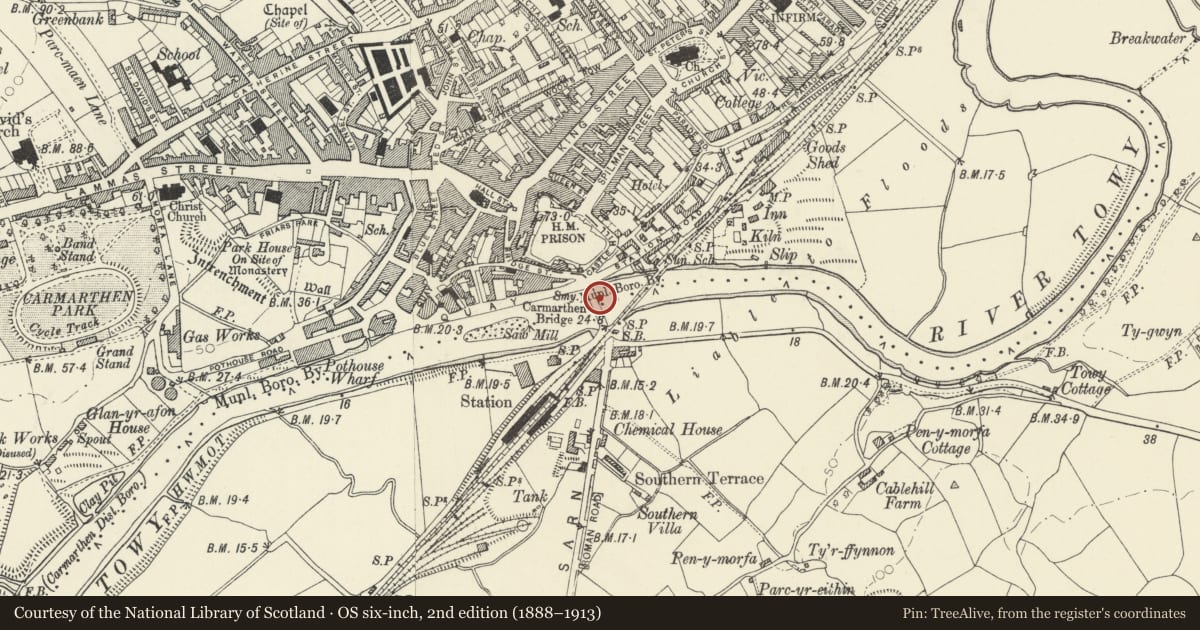 Ordnance Survey six-inch map, 2nd edition (1888–1913) covering the location of Towy Bridge (that part in Carmarthen Community), Carmarthenshire, with a pin at the register's coordinates