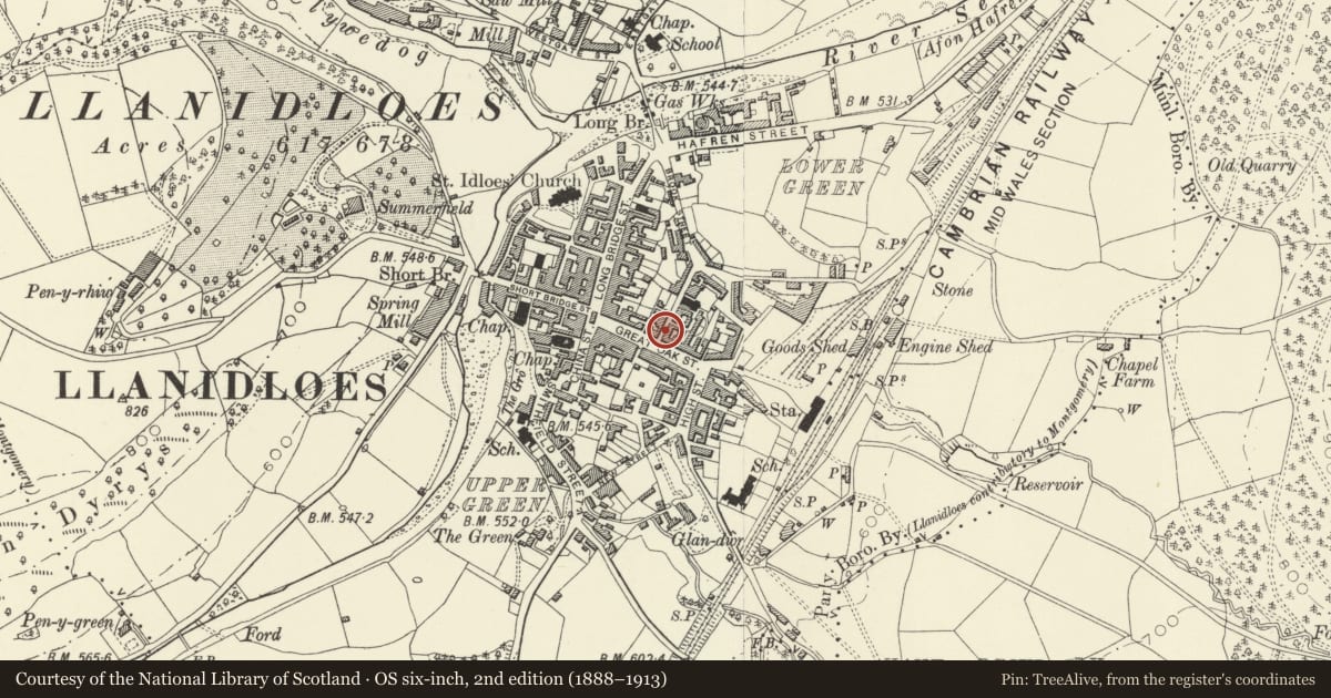 Ordnance Survey six-inch map, 2nd edition (1888–1913) covering the location of 25 Bethel Street, Llanidloes, Powys, with a pin at the register's coordinates