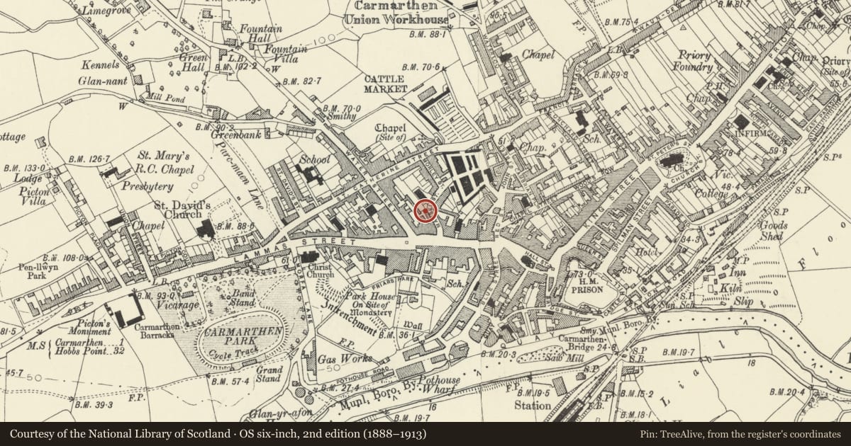 Ordnance Survey six-inch map, 2nd edition (1888–1913) covering the location of Ty Mansel, Carmarthen, Carmarthenshire, with a pin at the register's coordinates