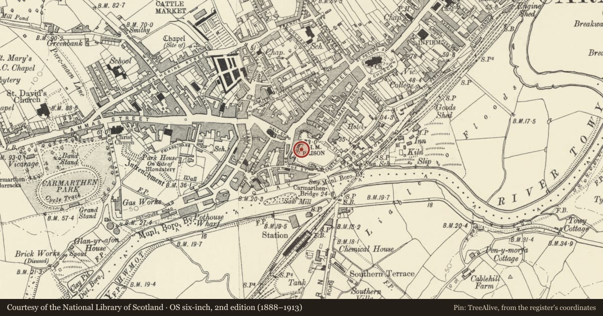 Ordnance Survey six-inch map, 2nd edition (1888–1913) covering the location of Wall of former gaol W of County Hall, Carmarthen, Carmarthenshire, with a pin at the register's coordinates