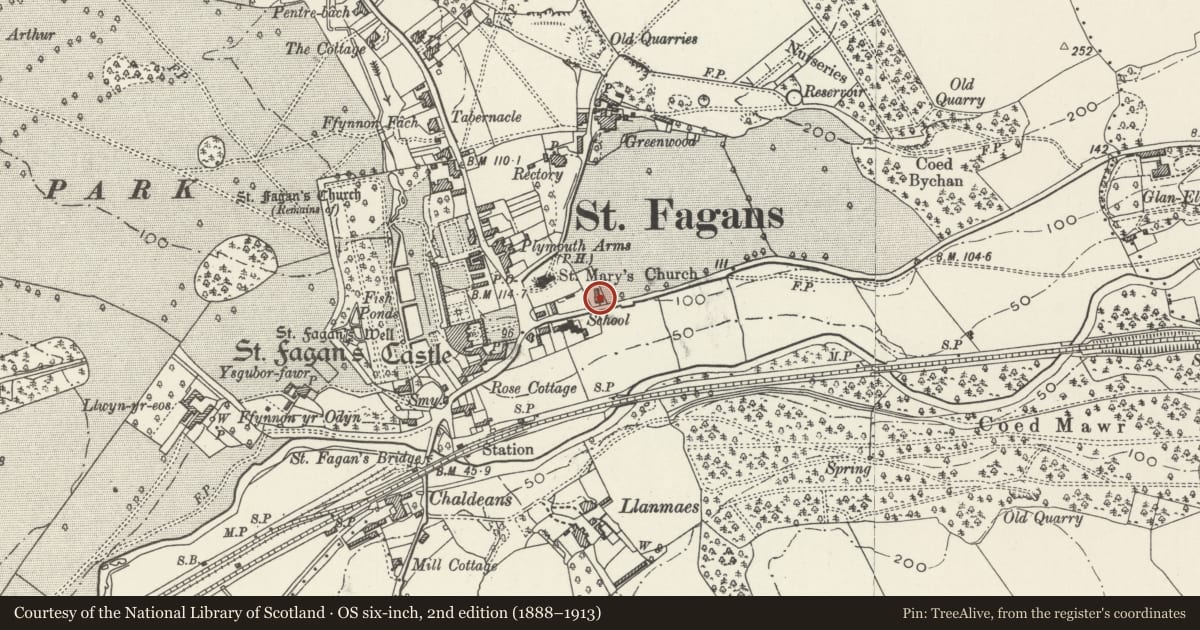 Ordnance Survey six-inch map, 2nd edition (1888–1913) covering the location of 1 Cardiff Road, St. Fagans, Cardiff, with a pin at the register's coordinates
